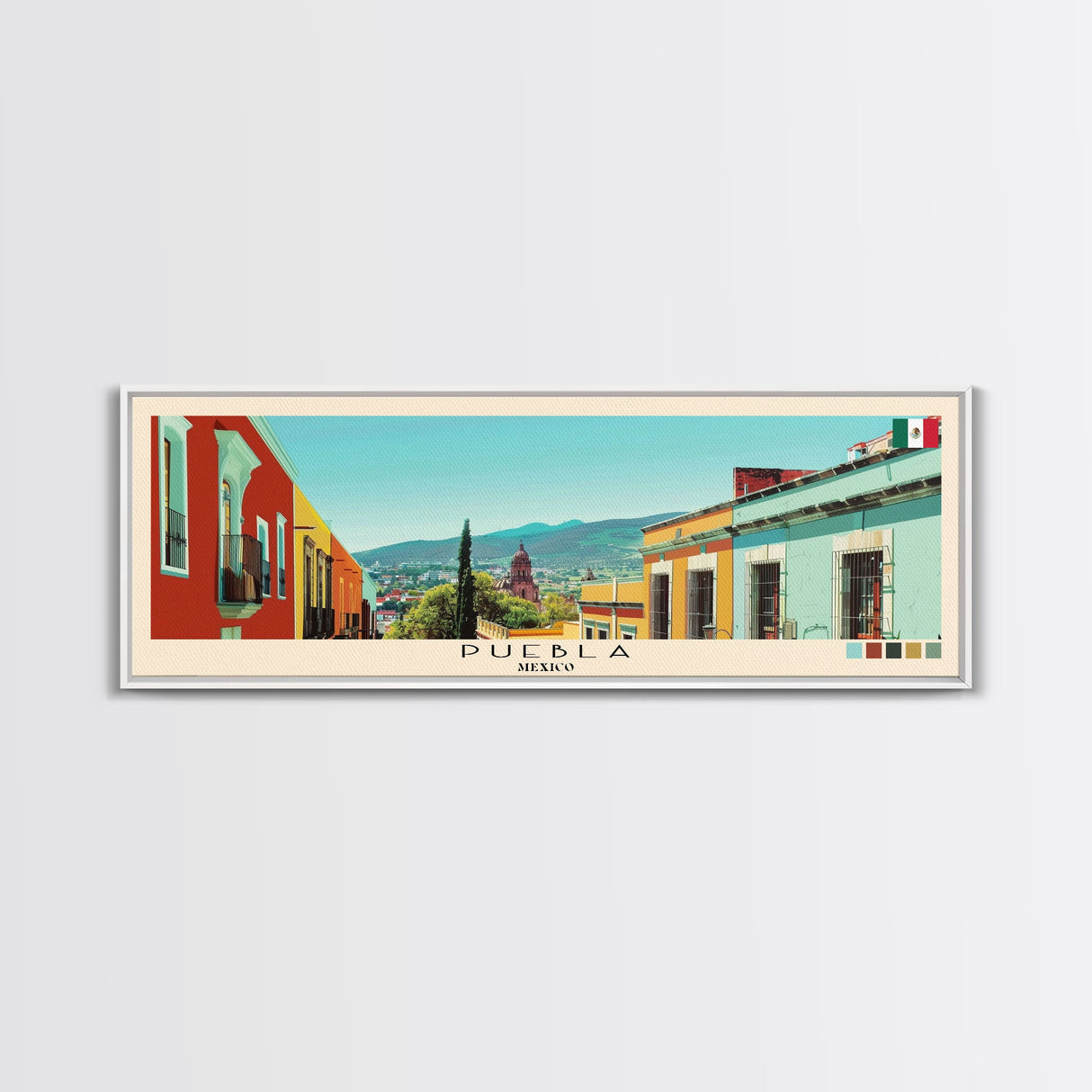 Puebla, Mexico Panoramic Canvas Print, Puebla, Mexico Painting, Mexico Art, Puebla Travel Poster, Travel Art, Living Room Painting