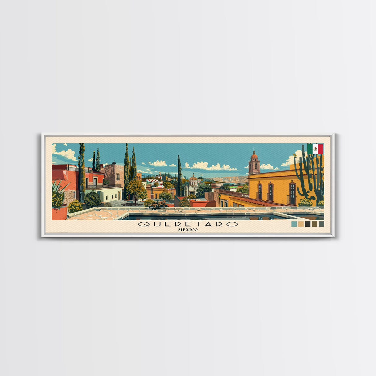 Queretaro, Mexico Panoramic Canvas Print, Queretaro, Mexico Painting, Mexico Art, Queretaro Travel Poster, Travel Art, Living Room Painting