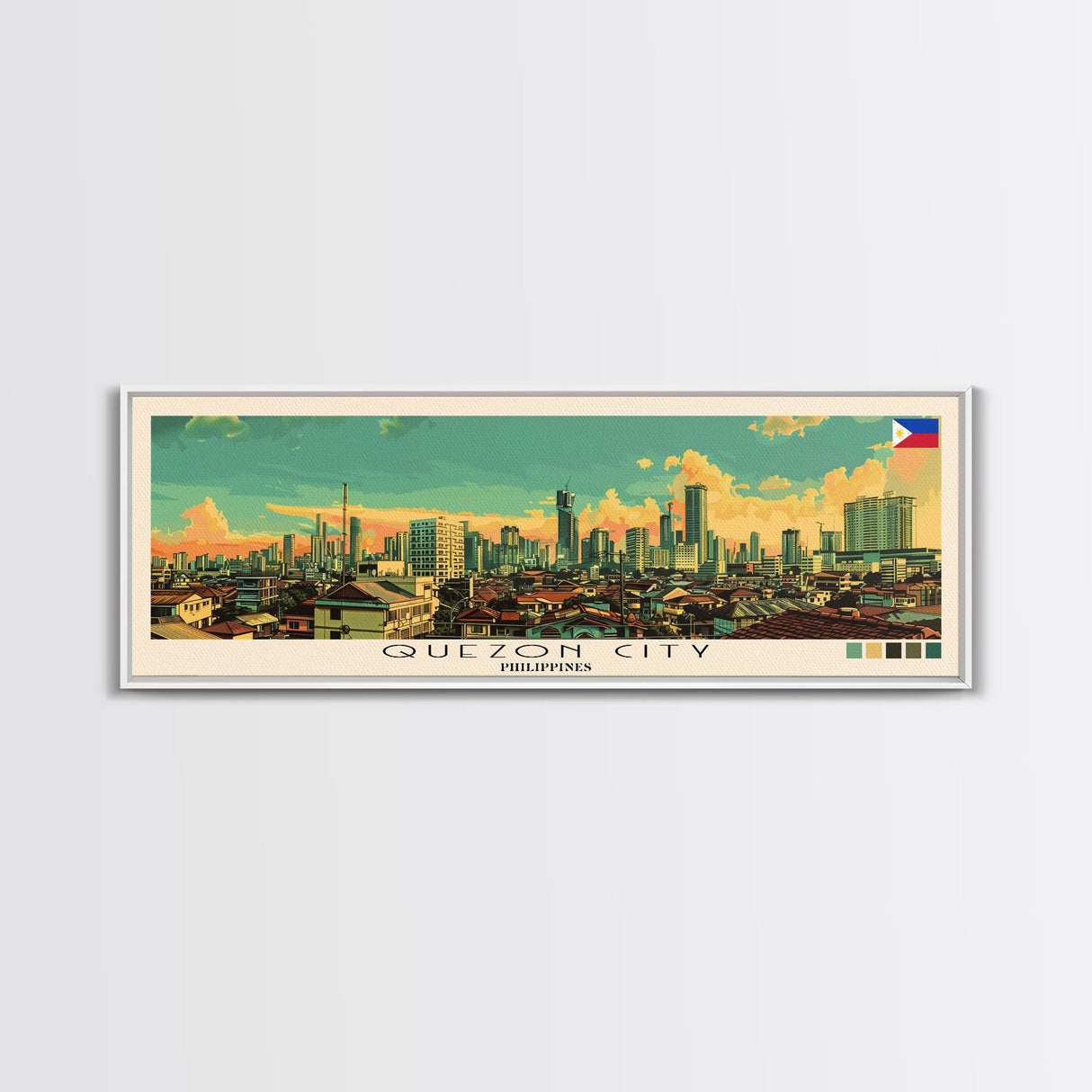 Quezon City, Philippines Panoramic Canvas Print, Quezon City, Philippines Painting, Philippines Art, Quezon City Travel Poster, Travel Art, Guest Room Painting