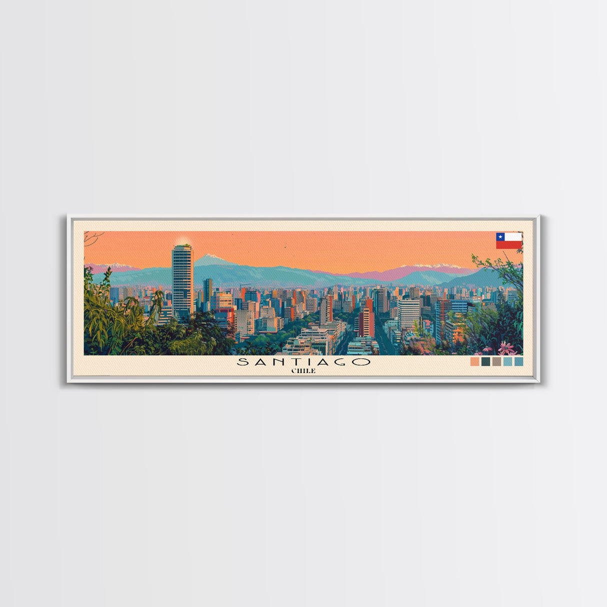 Santiago, Chile Panoramic Canvas Print, Santiago, Chile Painting, Chile Art, Santiago Travel Poster, Travel Art, Vacation Gift