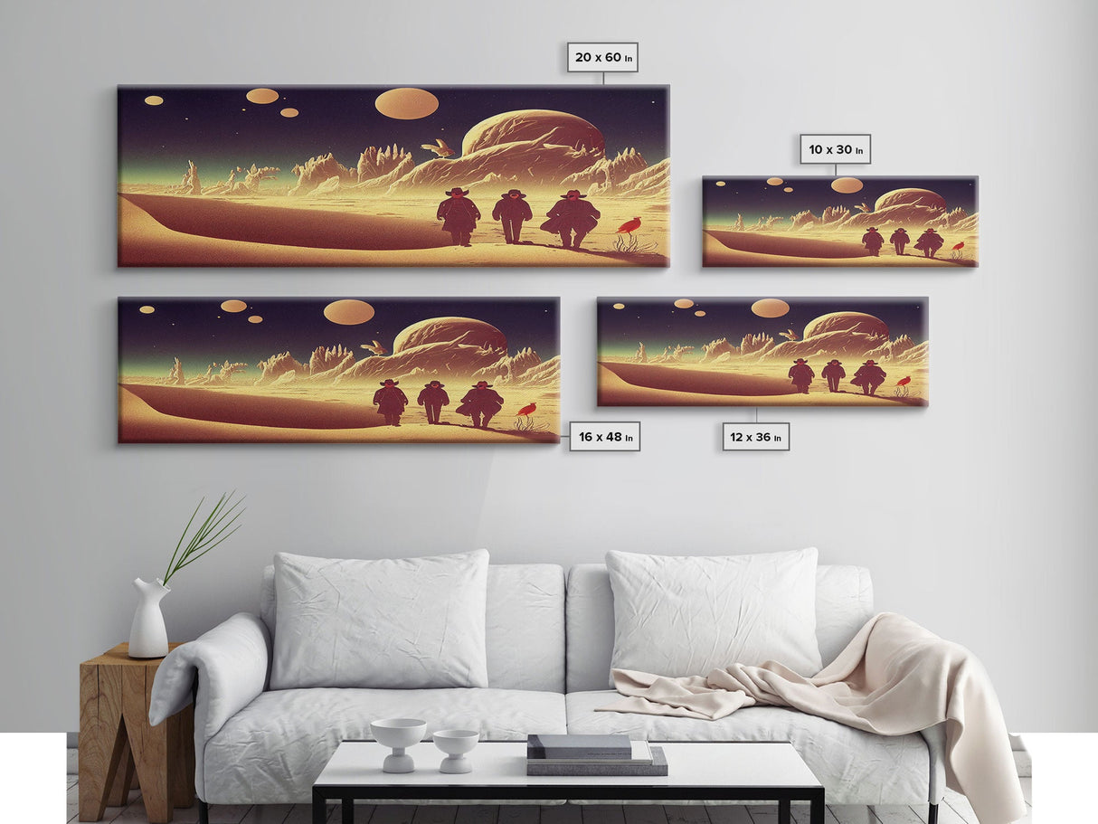 Space Cowboys, Psychedelic Scifi Art, Wall Decor, Ready To Hang Framed Canvas Print, Oversize Panoramic Mancave Art