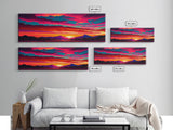 Panoramic Framed Canvas Print | Desert Mountain Landscape Synthwave Sunset | Living Room, Bedroom, Dining Room, Office