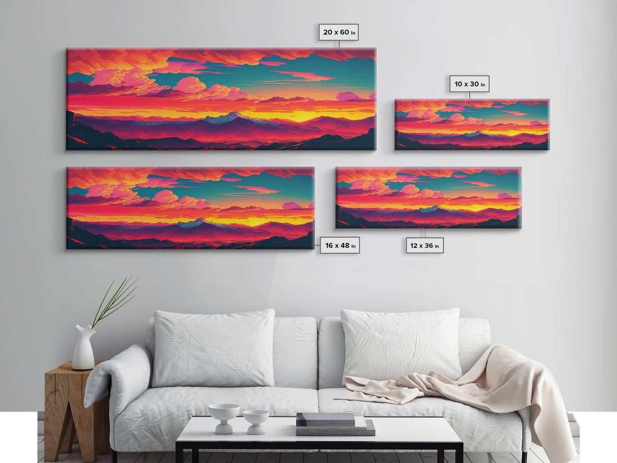 Panoramic Framed Canvas for Living Room, Bedroom - Synthwave Mountain Landscape Painting, Beautiful Landscape Art Print