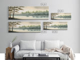 Panoramic Framed Canvas Print of Misty Fog Covered Lake and Pine Tree Forest, Perfect for Living Room, Bedroom