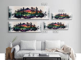 Vibrant Double Exposure Watercolor of a Mountain Landscape and Pine Tree Forest at Sunset, Wide Panoramic Framed Canvas Print