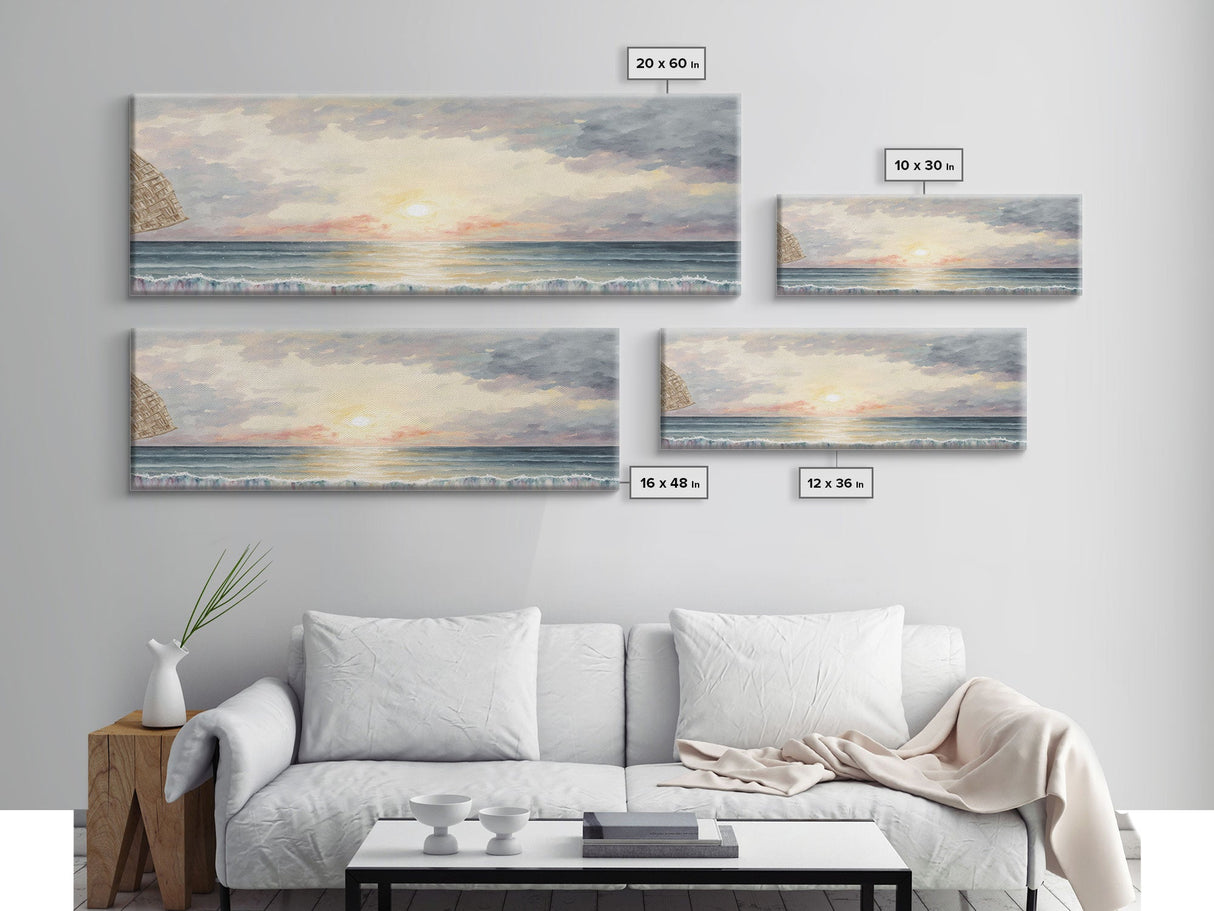 Whimsical Beach Art Watercolor, Framed Canvas Print, Panoramic Lakehouse Art, Light Pastels, Ultra Wide Format Above Bed Art