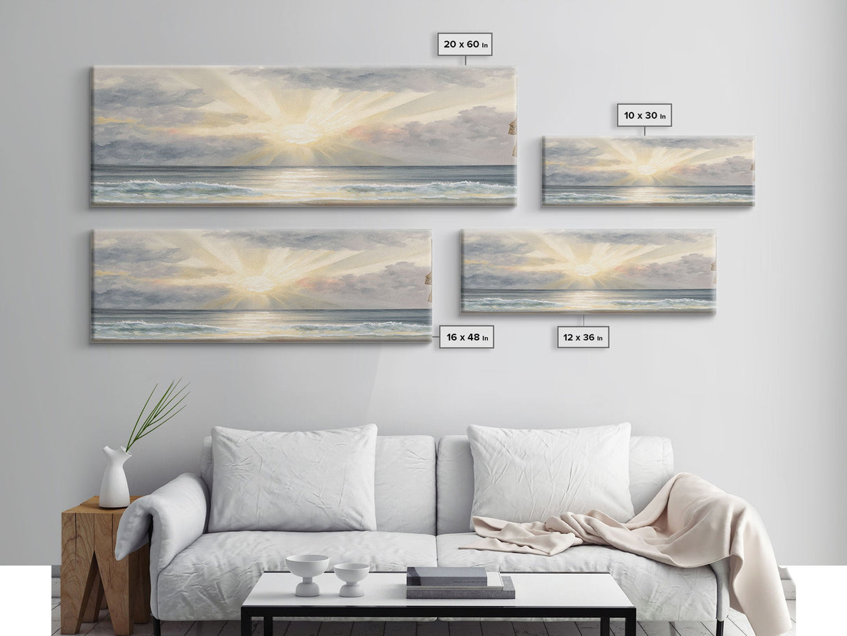 Whimsical Beach Sunset Art Watercolor, Framed Canvas Print, Panoramic Lakehouse Art, Light Pastels, Ultra Wide Format Above Bed Art