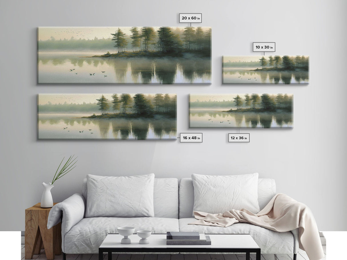 framed lake landscape art, panoramic, framed wall art,  living room wall decor, framed canvas, minimalist landscape, abstract landscape art