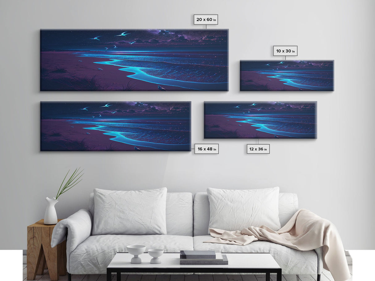 Night Moves, Retro Synthwave Beach Art, Framed Canvas Print, Starry night sky over the pacific ocean