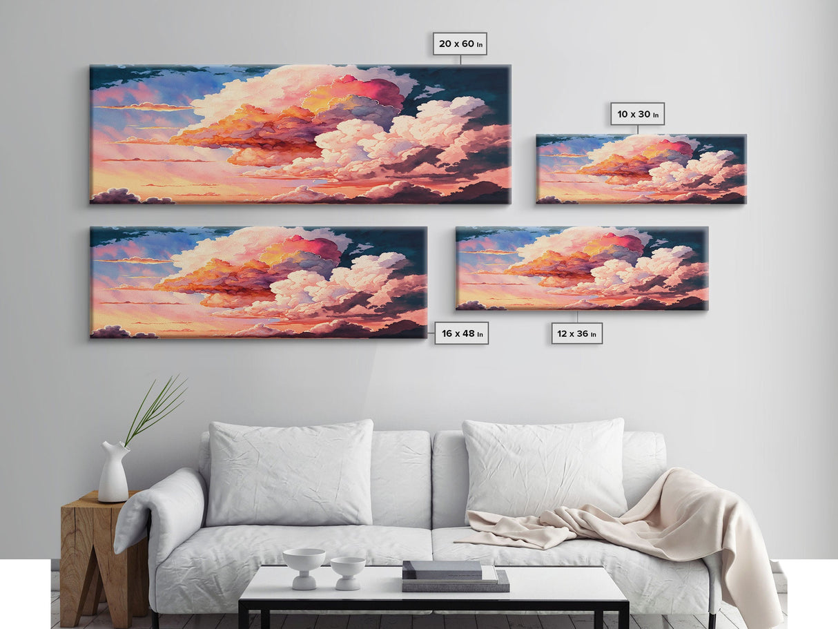 Panoramic Framed Canvas Print of Watercolor Panoramic Landscape Painting of Red & Pink Clouds at Sunset, Framed Wall Art