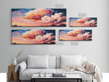 Panoramic Framed Canvas Print of Watercolor Panoramic Landscape Painting of Red & Pink Clouds at Sunset, Framed Wall Art