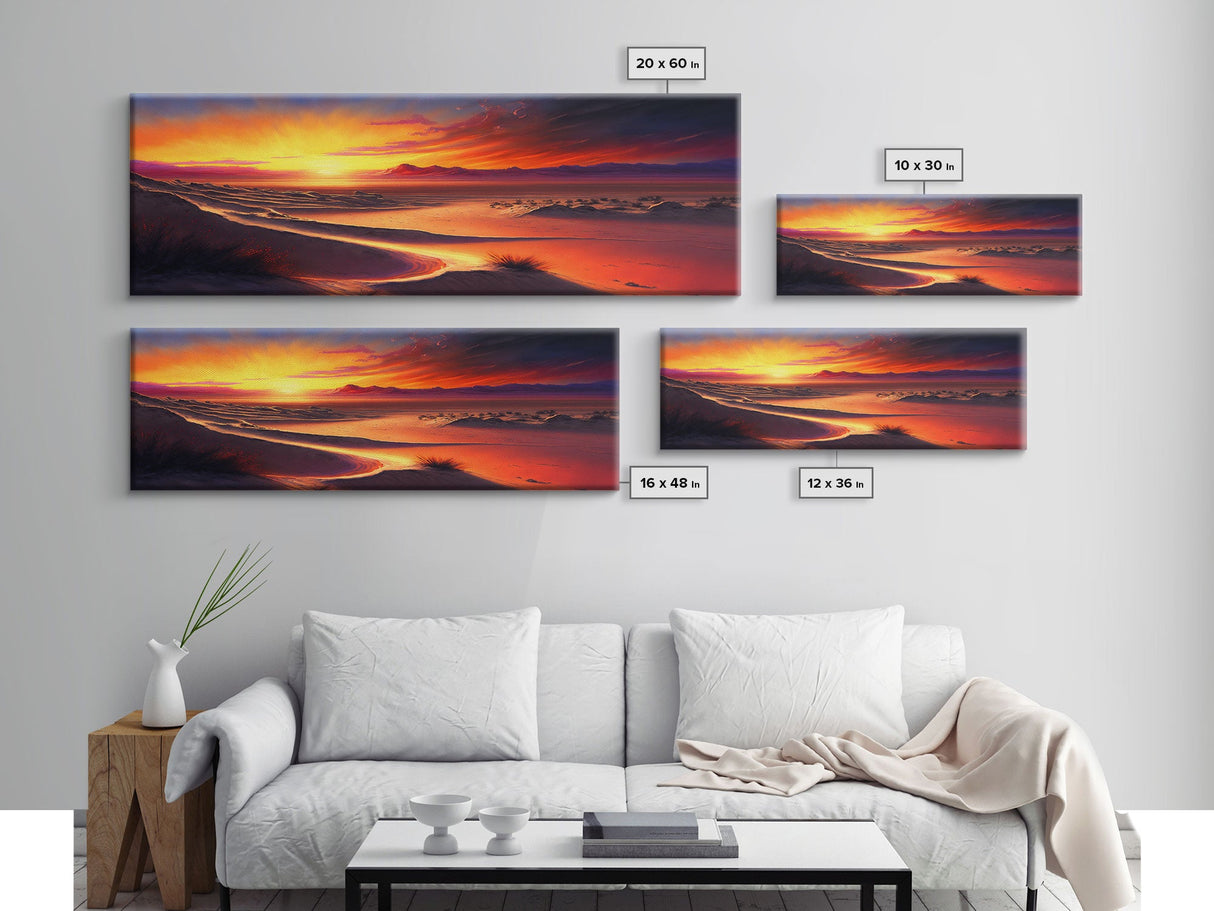 Panoramic Framed Canvas Print - Watercolor Desert Landscape Painting - Vibrant Sunset - Wall Art for Living Room, Bedroom