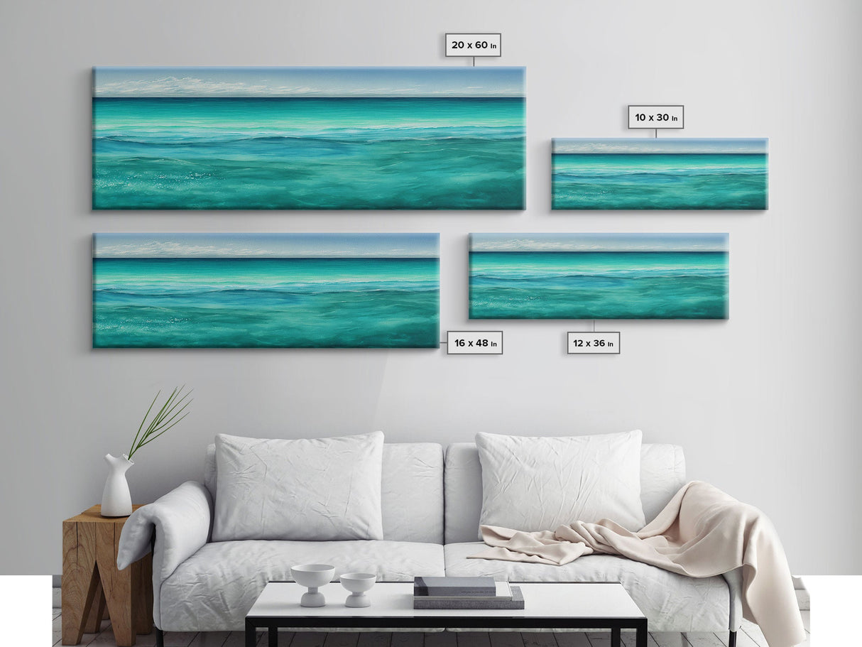 Panoramic Canvas Print of Blue Ocean Landscape Painting - Home and Office Decor, Sea Green, Seascapes, Pacific Ocean, Atlantic Ocean