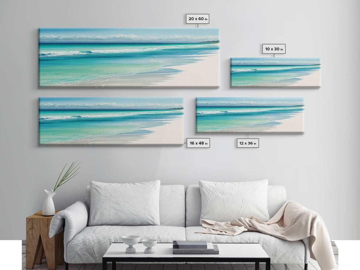 Blue Beach and Ocean Waves Panoramic Framed Canvas Print - Perfect for Living Room, Bedroom, Office Decor