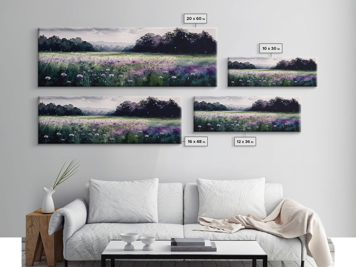 Panoramic Framed Canvas Print - Watercolor Purple Flower Field Landscape - Perfect for Living Room, Bedroom, Office, Guest Room Art