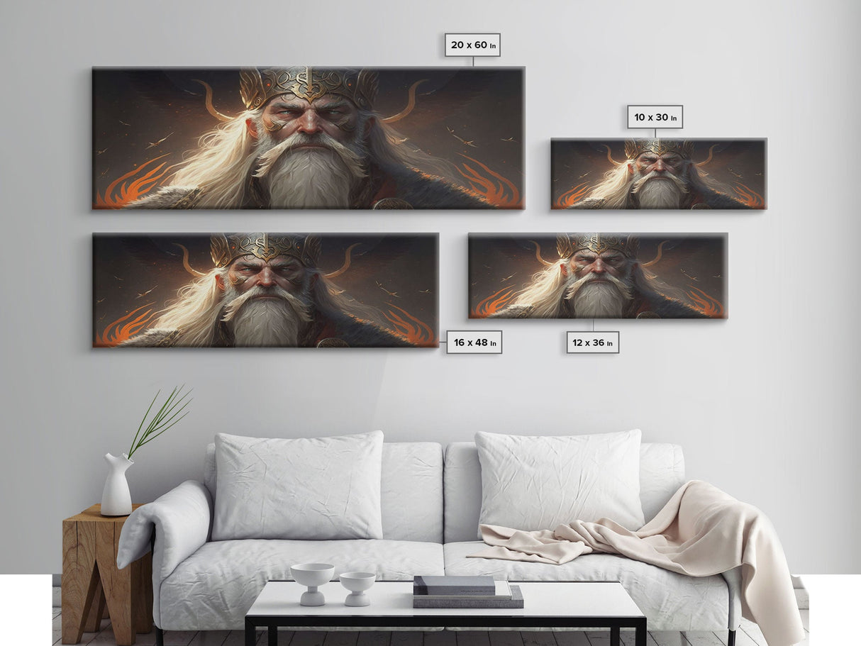 Panoramic Portrait of Odin, Norse Mythology Painting, Framed Wall Art, Man Cave Decor