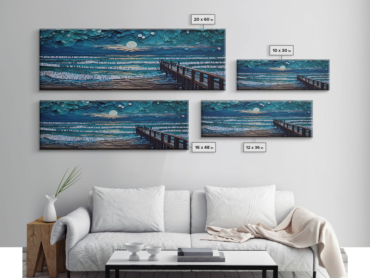 Panoramic Van Gogh Inspired Beach, Framed Canvas Print, Cool Painting, Full Moon Over Rolling Waves, Soothing Abstract Beach Decor