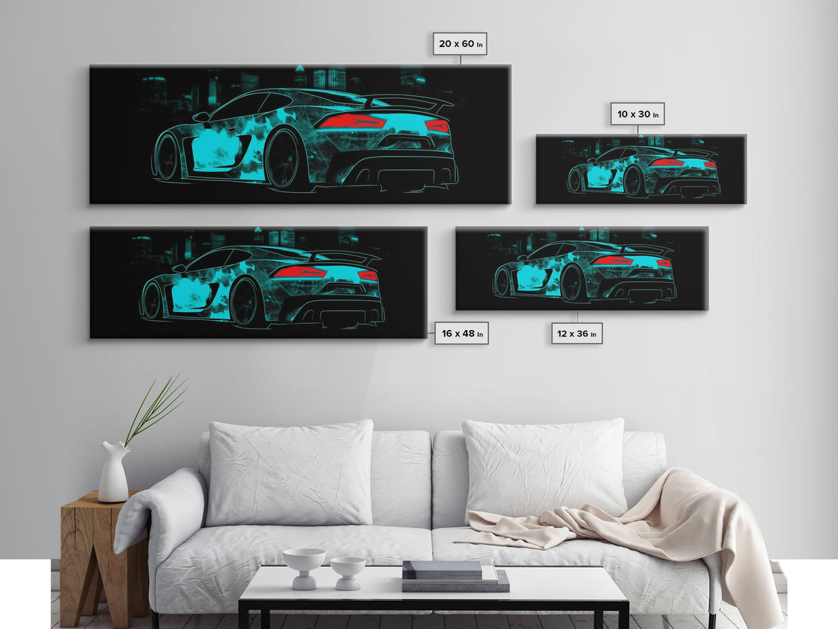 Teal Sports Car,  Abstract Urban Art, Cityscape Art, Dark Night Large Urban Art, City Skyline Wall Art, Panoramic, Wall Art, Canvas Print