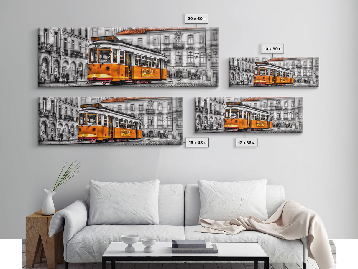 Tram Art, Lisbon Wall Art, Yellow Color Pop, Urban Art Print, Large Print, Vibrant Art, Framed Canvas, Panoramic, Wall Art, Canvas Print