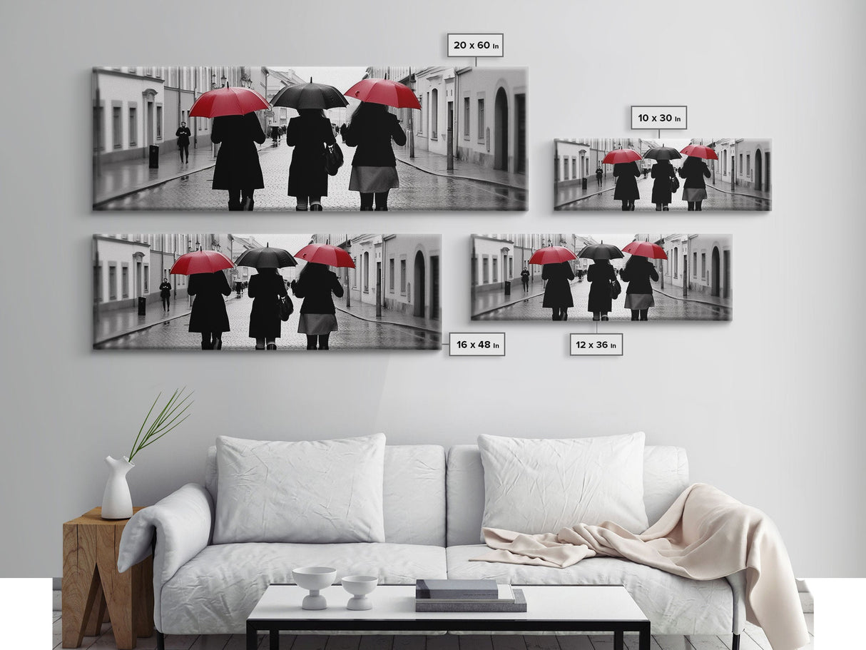 Red And Black Umbrellas, Women Walking On Street, City Art, Wall Decor, Large Urban Canvas Art Print, Panoramic, Wall Art, Canvas Print