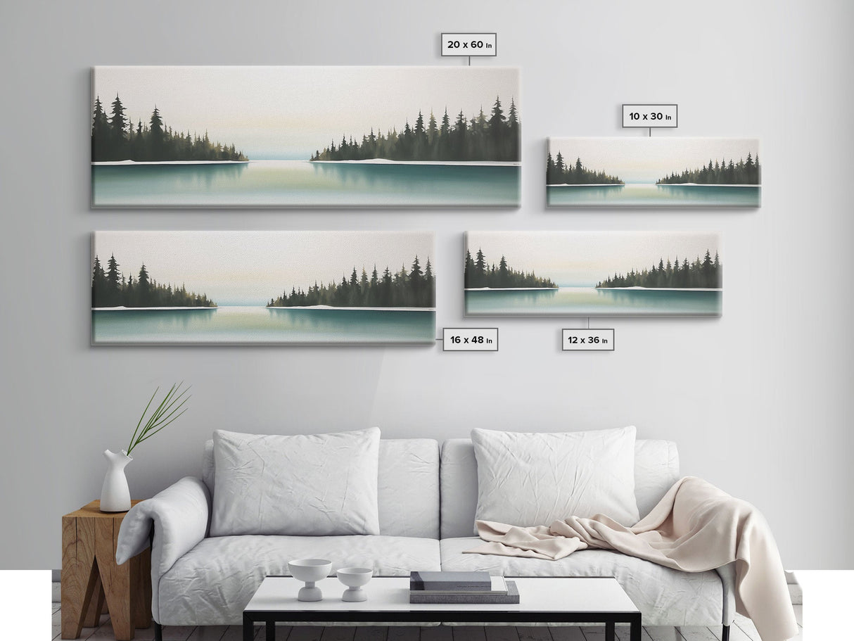 Watercolor Landscape Wall Art Print, Lake, Pine Trees, Horizon, Winter, Snow, Large Canvas Art Print, Panoramic, Wall Art, Canvas Print