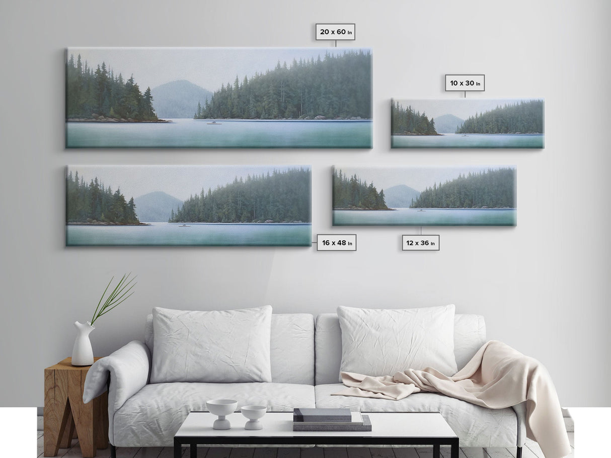 Watercolor Landscape Wall Art Print, Lake, Pine Trees, Mountain, Fishing Boat, Large Canvas Art Print, Panoramic, Wall Art, Canvas Print