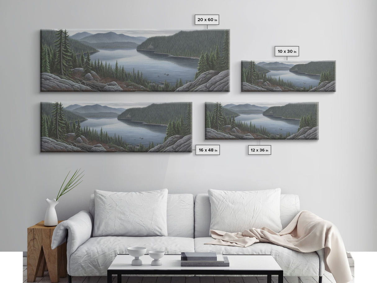 Lake Landscape Wall Art Print, Trees, Mountain, Reflection, Colored Pencil Large Canvas Art Print, Panoramic, Wall Art, Canvas Print