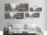 Detailed Street Sketch Canvas Print, City Wall Art, Bus, Cars, Buildings, Monochromatic Urban Art Print, Panoramic, Wall Art, Canvas Print