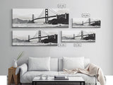 Black And White Suspension Bridge Canvas Print, Large Urban Art Print, Sailboat, River, Landscape, Panoramic, Wall Art, Canvas Print