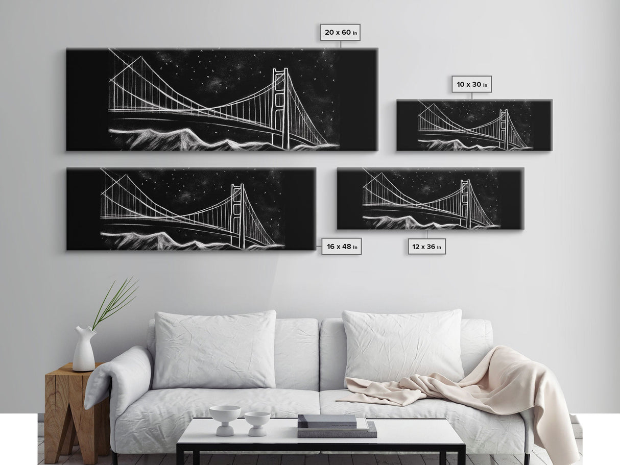 Black And White Suspension Bridge Canvas Print, Large Urban Art Print, Line Art, Chalk Wall Decor, Panoramic, Wall Art, Canvas Print