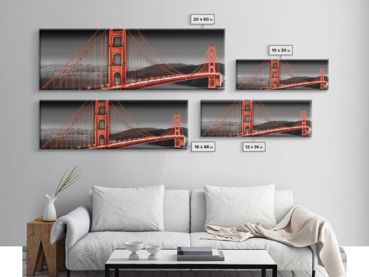 Red Suspension Bridge Canvas Print, Large Urban Art Print, City Lights, Night Scene, Mountain, Panoramic, Wall Art, Canvas Print