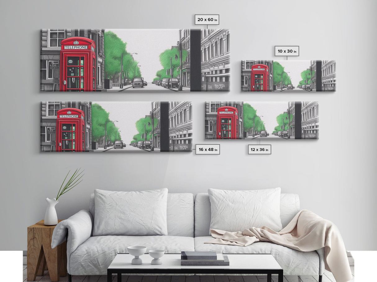 Red Vintage Phone Booth, London Art Print, Street Pencil Sketch Art, Green Trees, Perspective Art, Panoramic, Canvas Print, Wall Art