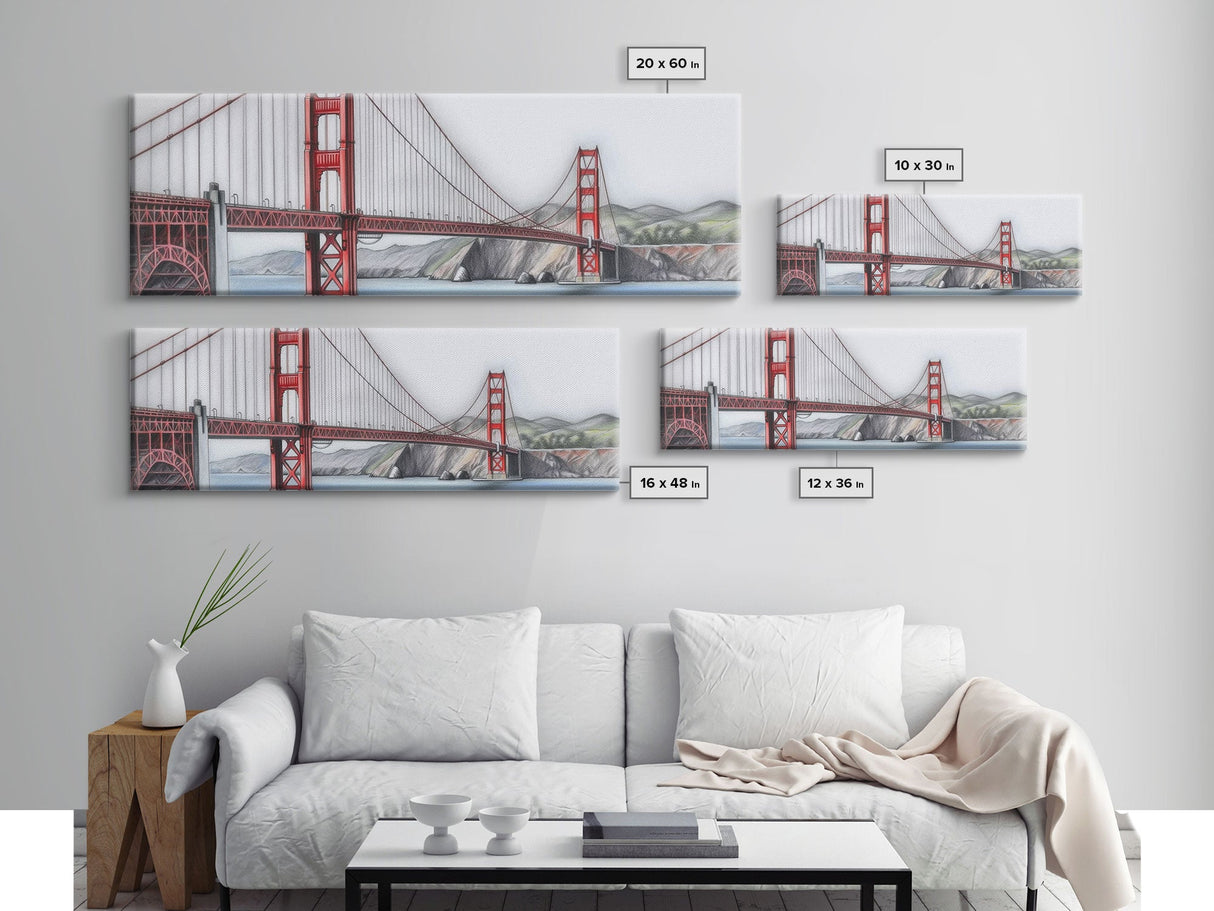 Red Suspension Bridge Canvas Print, Colored Pencil Sketch Art, Mountain, Landscape, River, Lake, Panoramic, Wall Art, Canvas Print