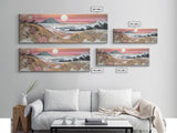 Japanese Style Seascape Canvas Art Print, Full Moon, Big Waves, Pink Flowers, Mountain, Wall Decor, Panoramic, Wall Art, Canvas Print