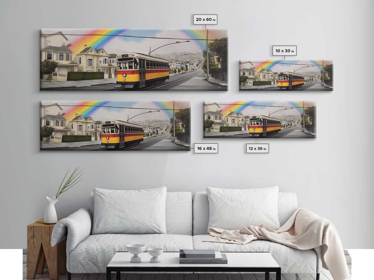 Rainbow Streetcar Canvas Print, Street Wall Decor, Urban Art, Large Canvas Print, Framed Art, Wall Decor, Panoramic, Wall Art, Canvas Print