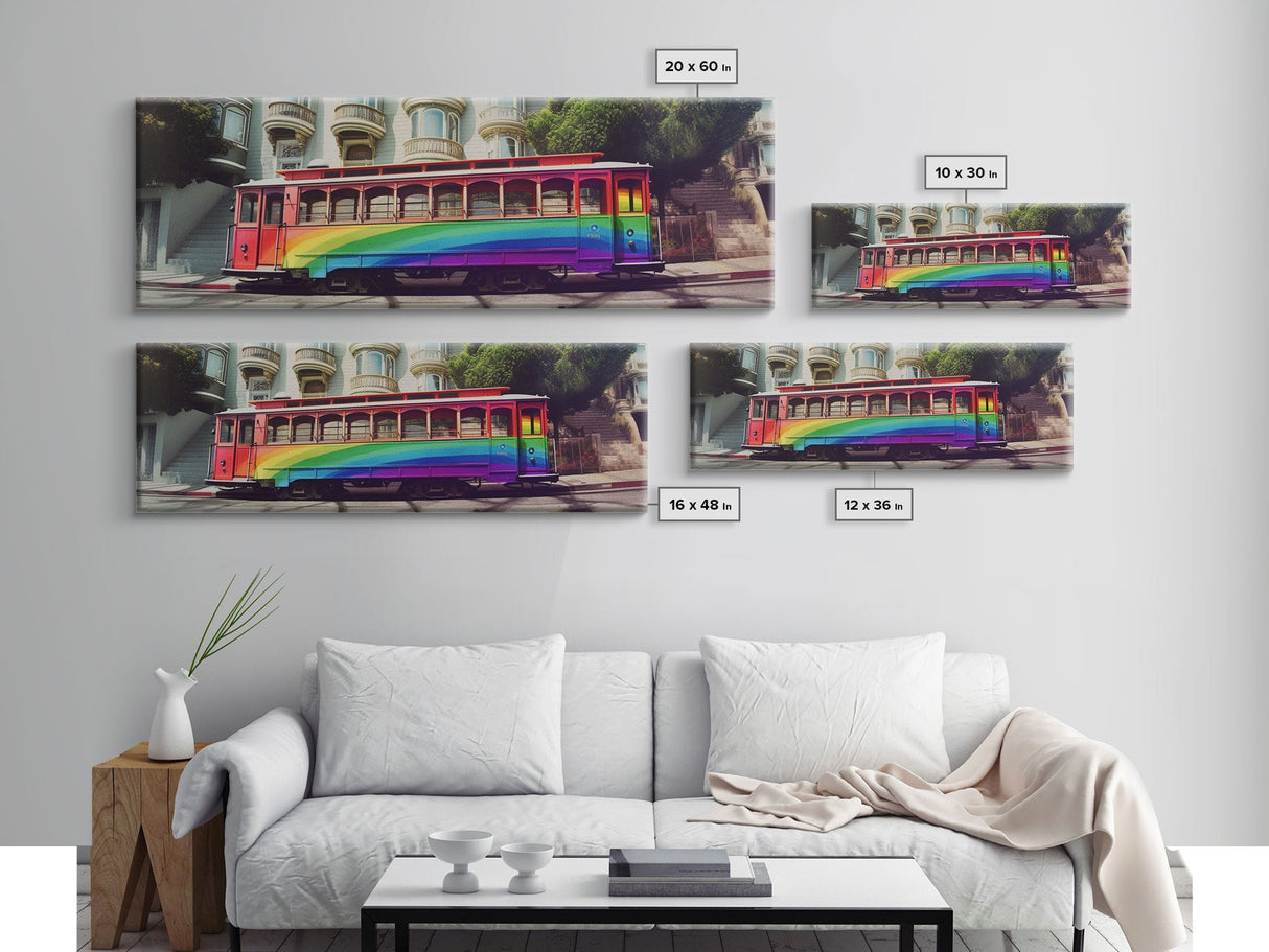 Rainbow Streetcar Canvas Print, Tram Wall Decor, Urban Art, Large Canvas Print, Framed Art, Wall Decor, Panoramic, Wall Art, Canvas Print