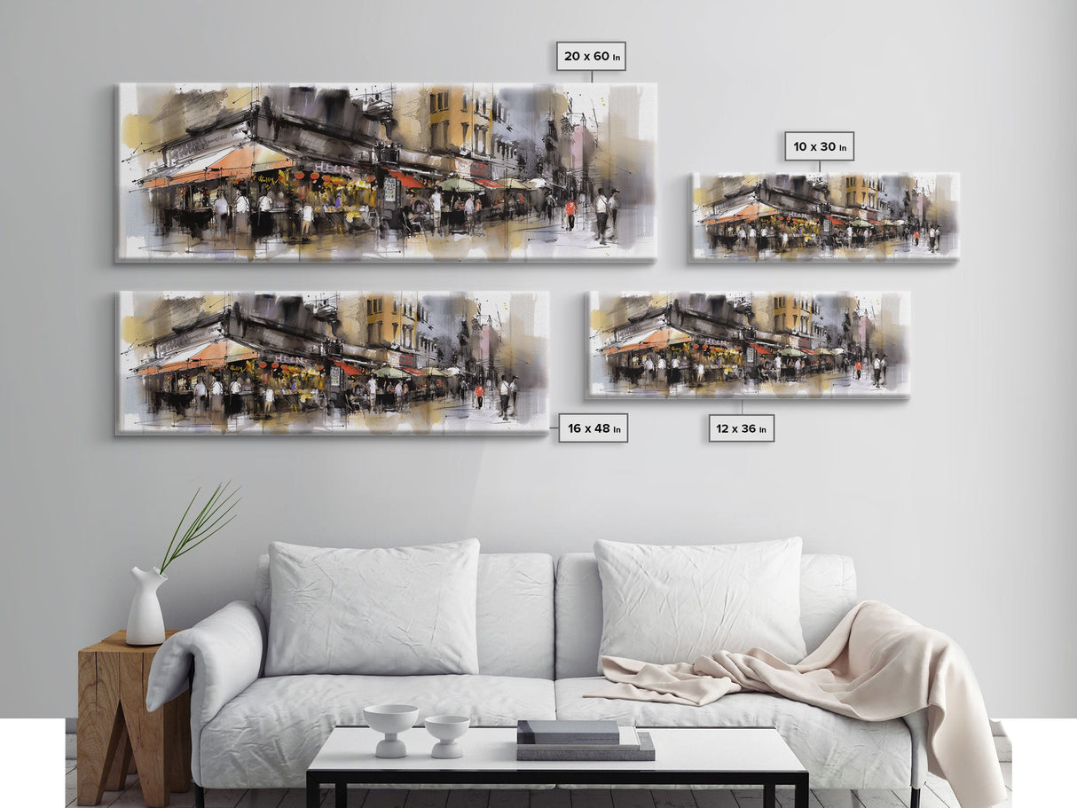 Watercolor Market Wall Art, Abstract Canvas Print, Urban Art, Large Art Print, Framed Canvas Print, Panoramic, Wall Art, Canvas Print