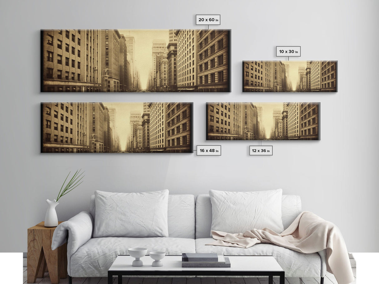 City Scape Wall Art, City Skyline Wall Art, Framed Canvas, Sepia Art, Perspective Art Print, Wall Decor, Panoramic, Wall Art, Canvas Print