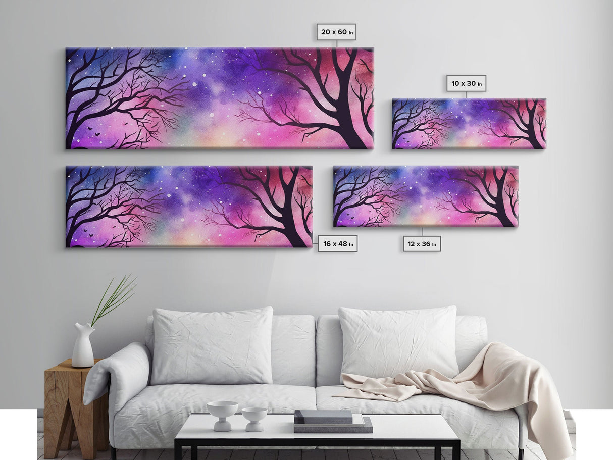 Watercolor Sky Wall Art, Purple Art, Pink Print, Fall Trees Art Canvas Print, Large Mixed Media Wall Art, Panoramic, Wall Art, Canvas Print