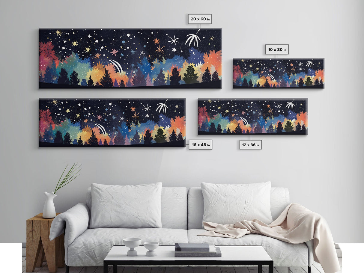 Abstract Forest Art, Dark Forest Art, Autumn Canvas Print, Starry Night Sky, Framed Canvas Print, Panoramic, Wall Art, Canvas Print