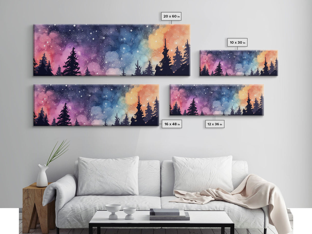 Watercolor Forest Art, Starry Night In The Woods, Abstract Forest Art, Woods Wall Art, Large Canvas Print, Panoramic, Wall Art, Canvas Print