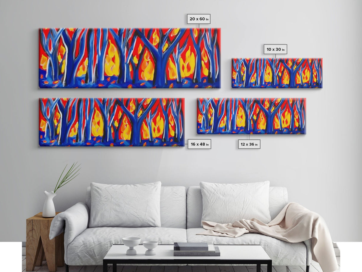 Forest On Fire, Red Flames, Blue Trees, Abstract Forest Art, Canvas Wall Decor, Large Art Print, Panoramic, Wall Art, Canvas Print