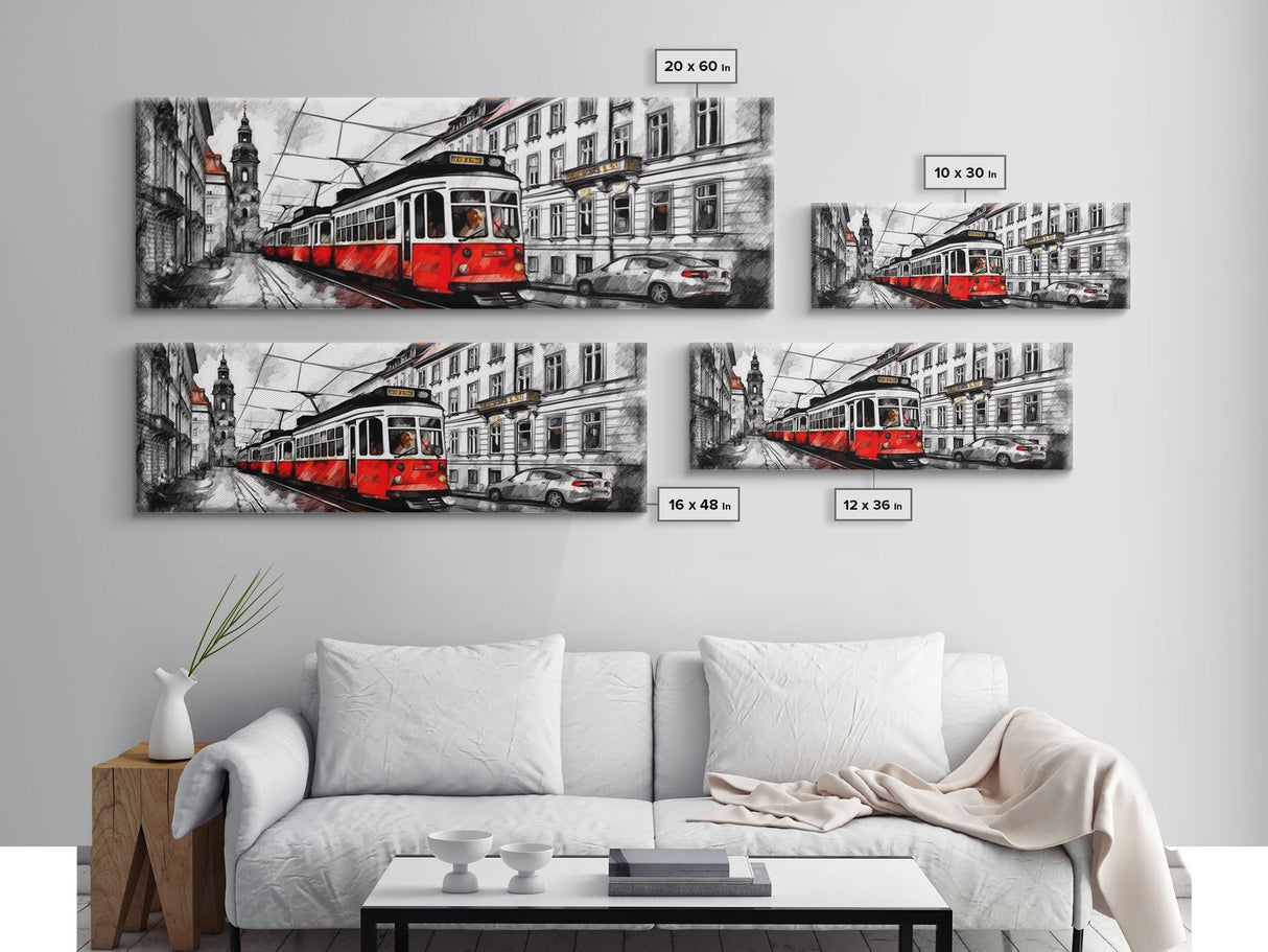 Marker Sketch Wall Art, Streetcar Wall Decor, Bell Tower, Street Art Print, Wall Art Decor, Panoramic, Framed Art, Canvas Print, Landscape