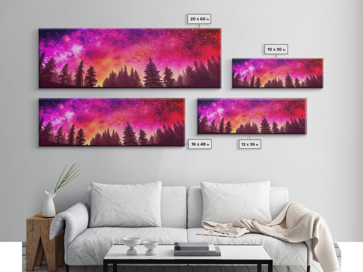 Watercolor Sky Art Print, Dark Forest Art, Large Mixed Media Wall Art, Large Framed Canvas Print, Panoramic, Wall Art, Canvas Print