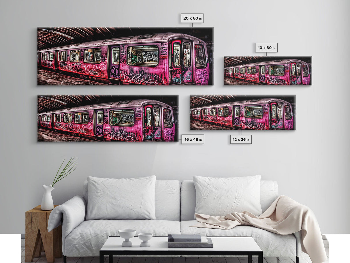 Pink Subway Train Canvas Art Print, Abandoned Train, Graffiti Art, Wall Decor, Large Framed Canvas Print, Panoramic, Wall Art, Canvas Print