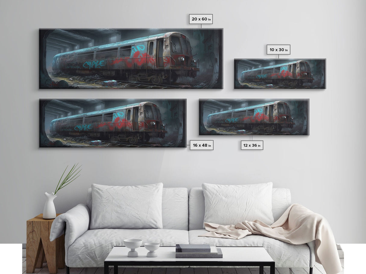 Graffiti On Abandoned Subway Train, Urban Art, Wall Decor, Urban Canvas Art, Large Framed Canvas Print, Panoramic, Wall Art, Canvas Print