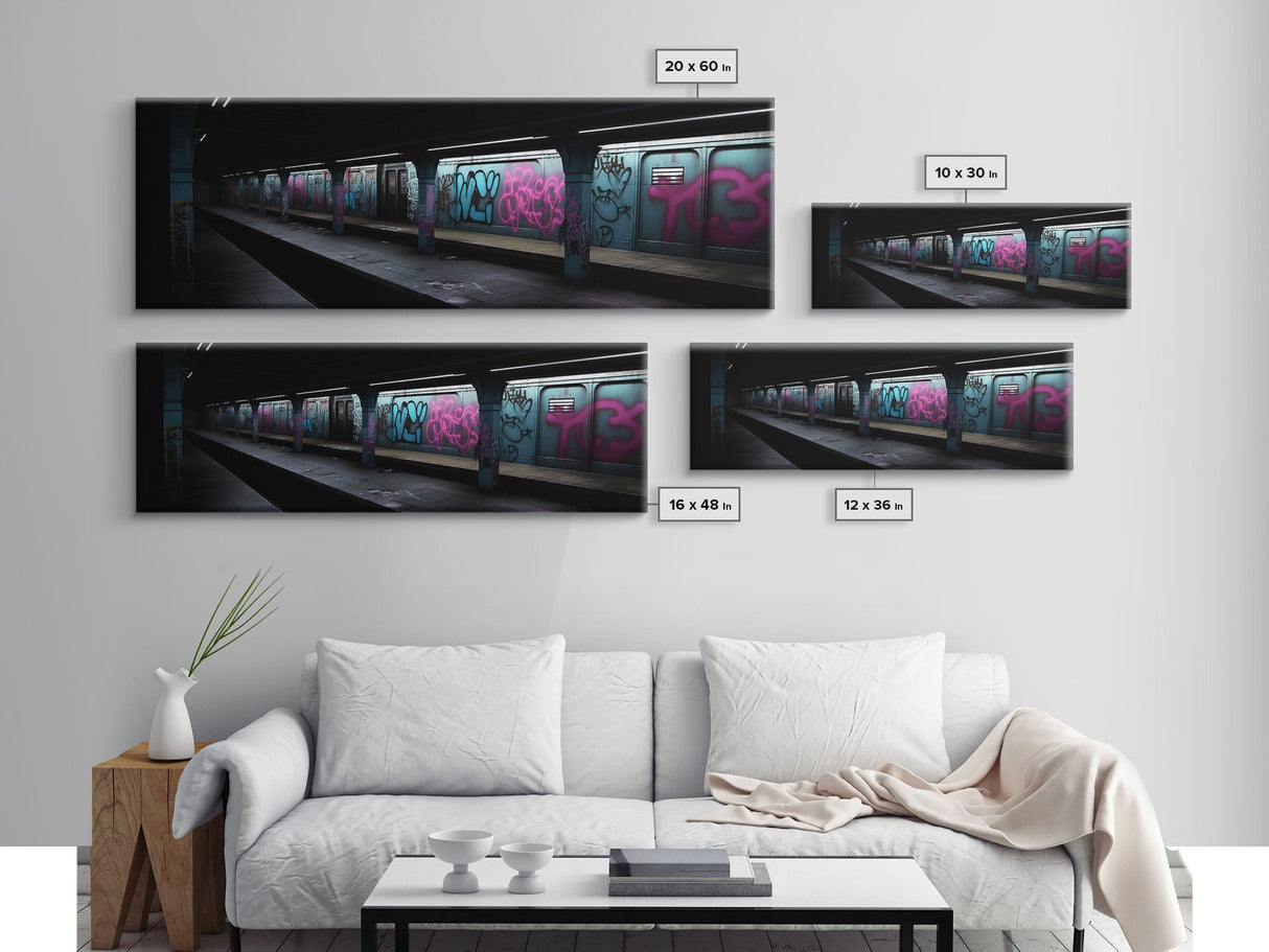 Urban Art, Graffiti On Subway Train, Pink And Teal Graffiti Art Canvas, Wall Decor Framed Canvas Print, Panoramic, Wall Art, Canvas Print