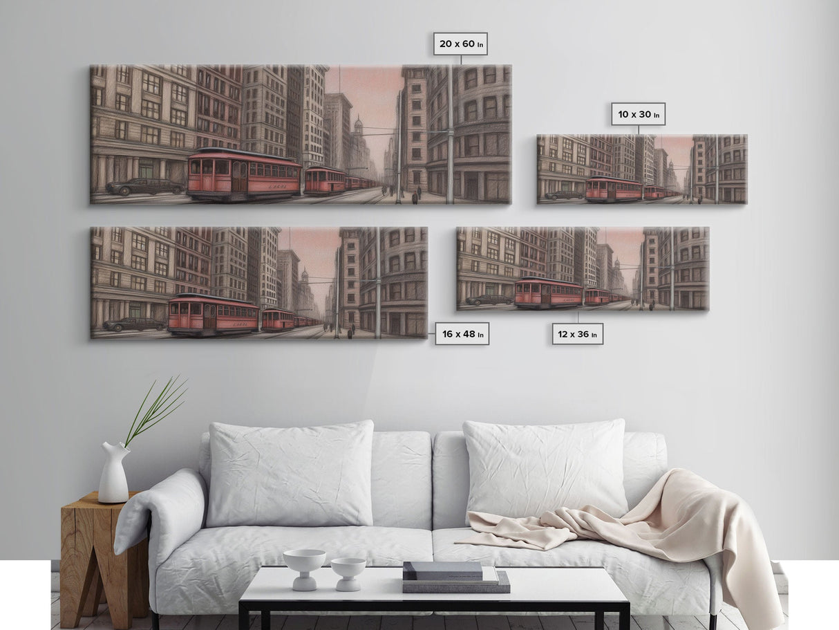 Colored Pencil Streetcar Urban Art Print, Red Train, Tram In The City, Sketch Art, City Art, Urban Print, Panoramic, Wall Art, Canvas Print