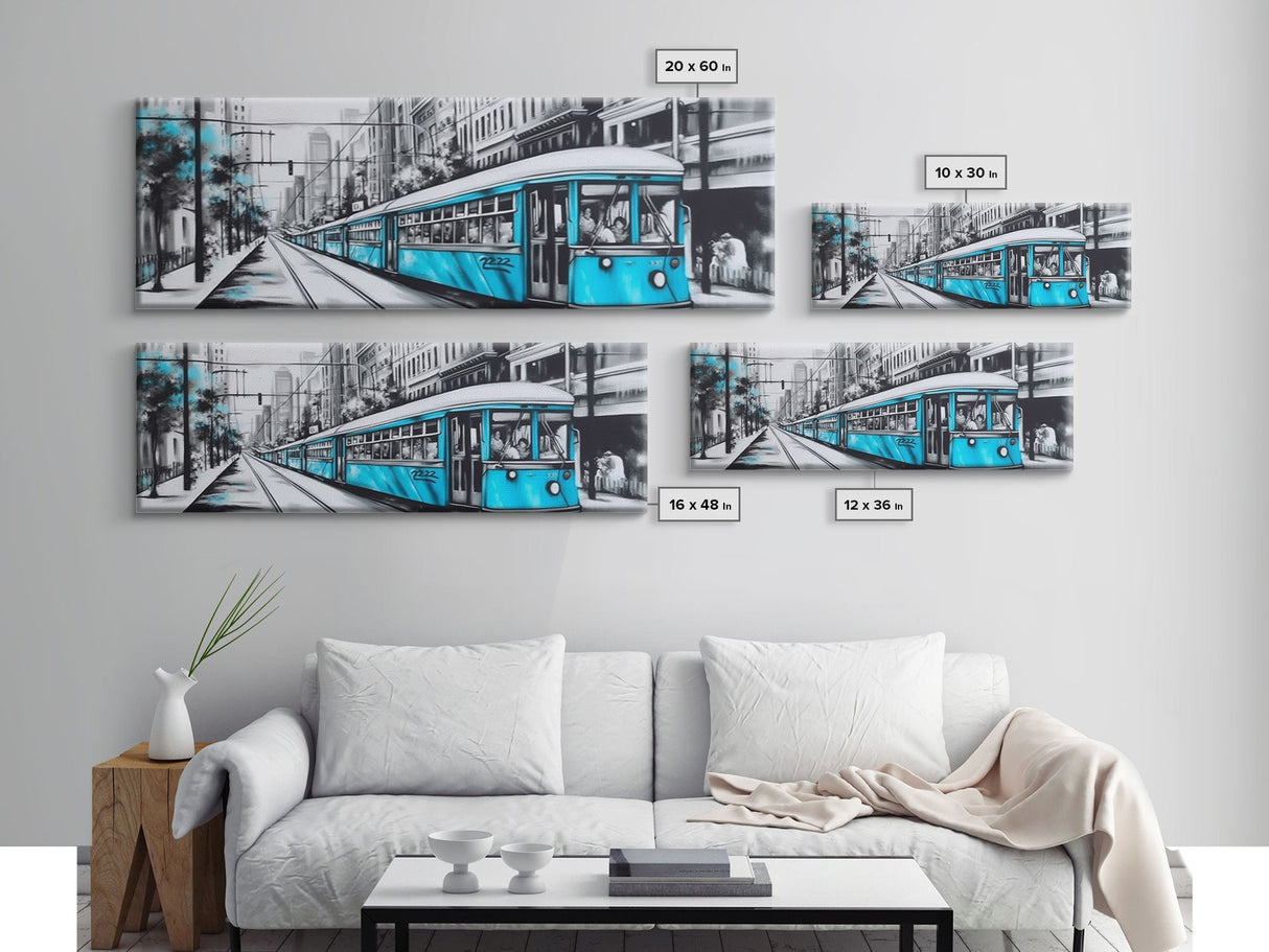 Teal Train, Tram In The City, Urban Art Painting, Large Mixed Media Art, Streetcar Print, City Art, Panoramic, Wall Art, Canvas Print