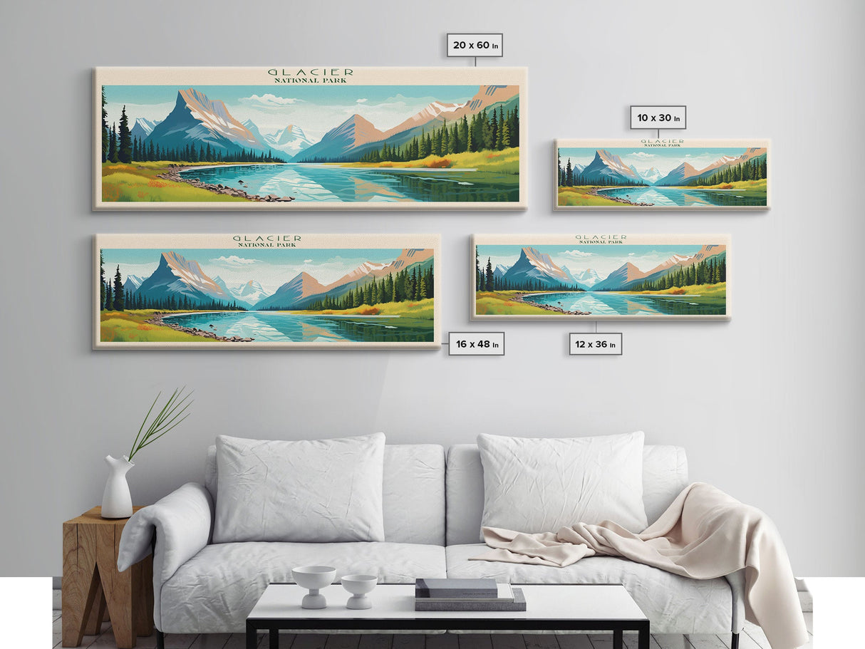 Glacier National Park, Panoramic Montana Travel Art, National Park Print, Minimalist Travel Art, Midcentury Modern Style Landscape